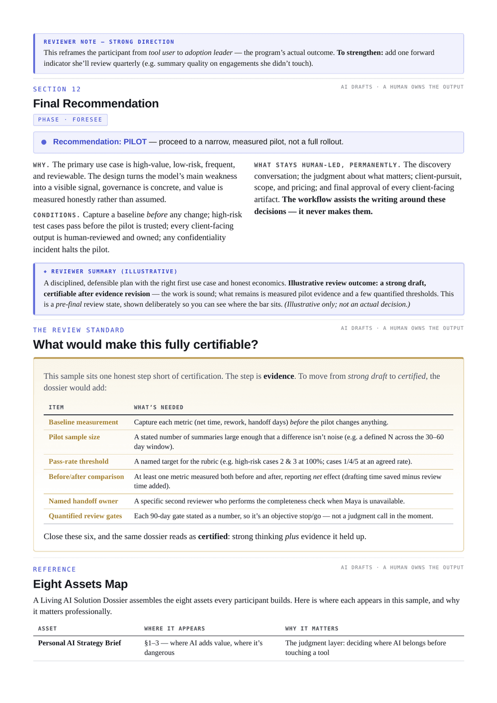 نمایی از دارایی‌ها و Review Rubric در نمونه انگلیسی Dossier